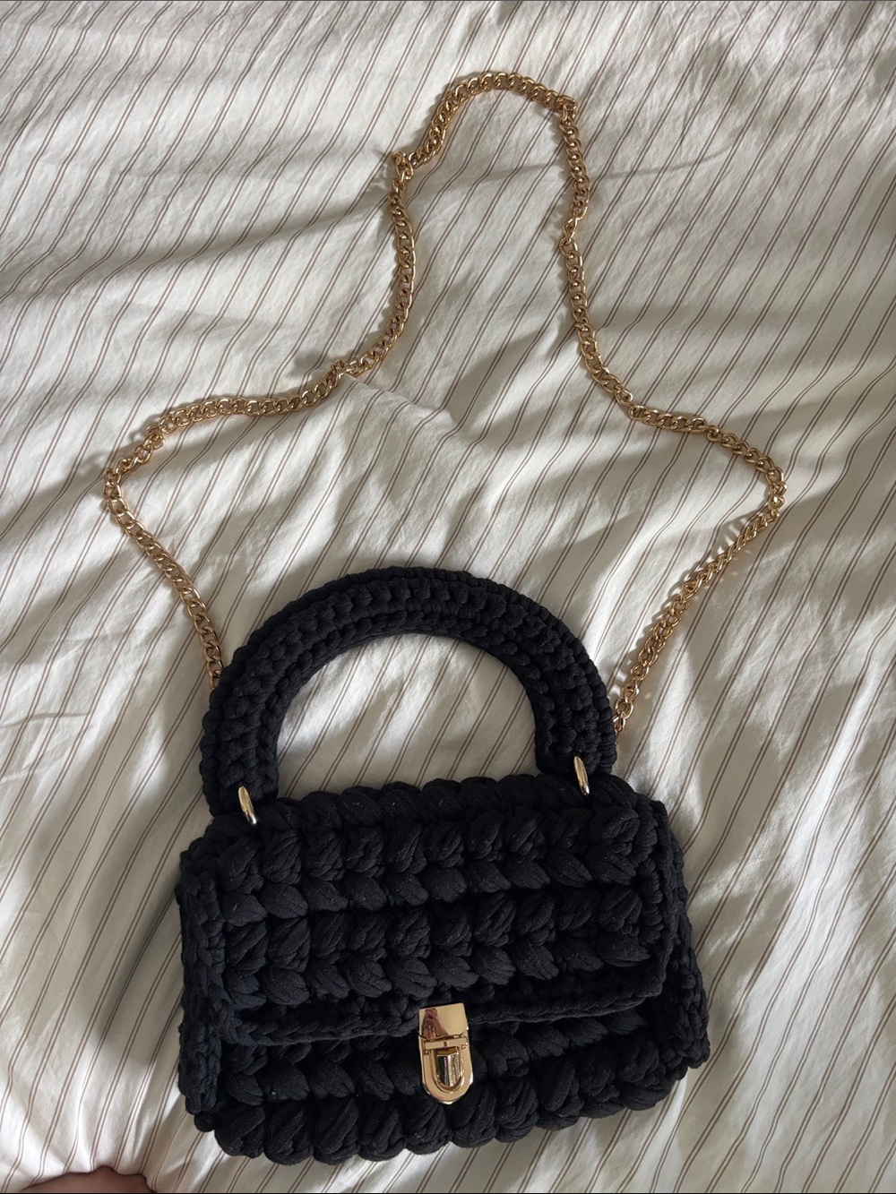 Anthro Black Crocheted Mini Shoulder Bag with Gold Chain